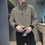 Wiaofellas  -  Fashion Stand Collar Zipper Printed Plaid Sweatshirts Mens Clothing Winter Loose Casual Tops All-match Warm Sweatshirts