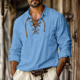 Wiaofellas  -  Men's Renaissance Shirt Pirate Medieval Viking Top Cotton Linen Shirts Casual Fashion V-neck Tie Up Long-sleeved Shirt