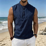 Wiaofellas  -  Vintage Buttoned Stand Collar Tank Tops Men Summer Breathable Sleeveless Linen Camisole Mens Daily Casual Solid Color Vest Shirt