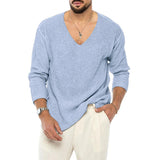 Wiaofellas  -  Autumn And Winter New Men's Solid Color V-Neck Long-Sleeved Sweater Fashion Trend Simple Casual Loose Breathable Men's Tops