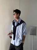 Wiaofellas  -  Men Blue Striped Long Sleeve Shirt Detachable Shawl Design American Style Loose Oversized Casual Tops Fashion Trend Retro