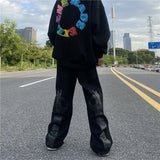 Wiaofellas  -  High Street Jeans Patch Letter Print Jeans Straight Leg Jeans Men's American Jeans Street Loose Wide Leg Pants
