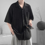 WIAOFELLAS  -  Korean Style Men's Shirts Lapel Hollow Out Knitting Single Breasted Tops Short Sleeved Pocket Loose Male Tops Trend
