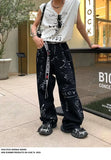 WIAOFELLAS  -  Artificial Hand-painted Lettering Graffiti Black Denim Trousers Men Straight Pants