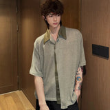 WIAOFELLAS  -  Fashion Men's Spliced Contrast Color Loose Casual Shirts Trendy Summer Turn Down Collar Short Sleeves Tops Male