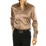 WIAOFELLAS  -  Mens Solid Silk Casual Shirts Long Sleeve Rayon Wedding Dress Shirts Men Soft Comfortable Fashion Shine Silk Shirt Camisa TS-143