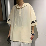 Wiaofellas  -  summer men's clothing short Sleeve Hooded loose oversized Solid Color fashion Printed Spliced button casual 3/4 Sleeve T-shirt