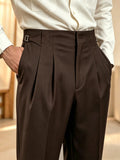 Wiaofellas  -  Autumn Winter Men Beige Solid Neapolitan Pleated High Waist Wide Leg Suit Trousers, Button Detail Light Business Pants for Commu