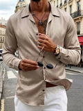 Wiaofellas  -  Daily Leisure Solid Color Shirts Mens Vintage Lapel Shirt Tops Summer Casual Cuba Style Shiny Satin Long Sleeve Cardigan Men