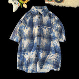 WIAOFELLAS  -  Plaid Ice Feel Tie Dye Short Sleeve Shirt Men Women Casual Loose Plus Size Shirt Thin Fabtic Pink Blue Green Clothes