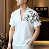 Wiaofellas  -  Summer Embroidered V-neck T-shirt for Men Cotton Short Sleeved Casual T-shirt Relaxed Beach Vacation T-shirts Men Clothing