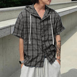 WIAOFELLAS  -  Men Plaid Shirt Hooded Short Sleeve Loose Casual Men Clothing Summer Korean Style Streetwear 2025 Male Shirts Tops S-5XL