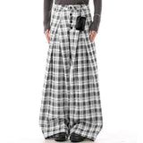 Wiaofellas  -  Men Plaid Pants Button Joggers Loose Casual Wide Leg Trousers Men Pleated Streetwear Baggy Fashion Wide Leg Pants