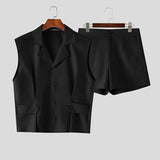 Wiaofellas  -  Men's Sets Solid Lapel Sleeveless Crop Shirt Shorts Two Piece Sets Streetwear Men Matching Sets Stylish Tracksuits