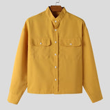 WIAOFELLAS  -  Men Shirt Solid Color Stand Collar Long Sleeve Button Men Clothing Streetwear Fashion Loose Casual Tops Male Shirts