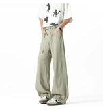 WIAOFELLAS  -  Belt Design Men's Suit Pants Solid Color Draping Ice Silk Deconstruction Straight Wide Leg Loose Male Bottom Summer