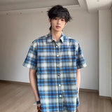 WIAOFELLAS  -  Fashion Men's Plaid Loose Turn Down Collar Casual Shirts Trendy 2025 Summer Single-breasted Short Sleeves Tops Male 2A0930