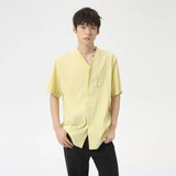 Wiaofellas  -  Simple Men's Solid Color Shirts V-neck Korean Style Loose Short Sleeve Male Casual Tops Pullover New Fashion Summer