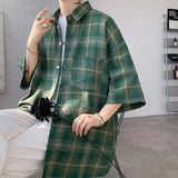 WIAOFELLAS  -  Trendy Vintage Men's Plaid Short Sleeved Casual Trousers Fashion Summer Single-breasted Turn-down Collar Shirts Male