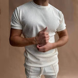 Wiaofellas  -  Men Casual Fashion Sports Knit Set Sexy Short Sleeve T-shirts Hip Hop O-collar Tops + Long Pants Two Piece Suit For Men Clothes
