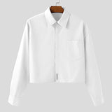 WIAOFELLAS  -  Men Shirt Solid Color Lapel Long Sleeve Loose Casual Male Crop Tops Streetwear Korean Style 2026 Fashion Men Clothing