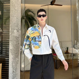 WIAOFELLAS  -  Fashion 2025 Summer Men‘s Irregular Print Bandage Design Casual Shirts Trendy Single-breasted Long Sleeves Tops Male
