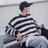 Wiaofellas  -  Men Trend Japanese Style Striped Oversize Streetwear Y2K Knitted Sweater Casual Round Neck Long Sleeve Pullover Tops Ropa Hombre
