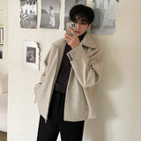 WIAOFELLAS  -  Men's Korean Loose Cut Design Zipped Jacket Woolen Cloth Short Coats Spring Thickening Lapel Jackets Chic Tops 2D1522