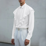 WIAOFELLAS  -  Men Shirt Solid Color Ruffle Lapel Long Sleeve Casual Men Clothing Loose Streetwear Elegant Fashion Male Tops Camisas
