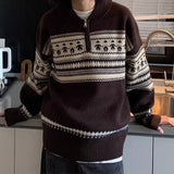 Wiaofellas  -  Fall Winter New Casual Men's Knit Jumpers Vintage Pattern Print Knitting Sweater Tops Men Fashionable Lapel Zipper Sweater