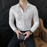 WIAOFELLAS  -  Sexy Men's Mesh See Through Fishnet Lace Shirts Long Sleeved Slim Fit Transparent Shirt for Men Nightclub Prom Camisa Masculina