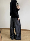 WIAOFELLAS  -  Casual Commute Wide Leg Pants Men Women A-Line Pleated Design Texture Stripes Polyester Blend Low Waist Zipper Fly