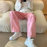 Wiaofellas  -  New Fashion Pink Baggy Men Cargo Jeans Pants Elegant Straight Casual Women Solid Long Trousers Y2K Clothes Pantalon Homme