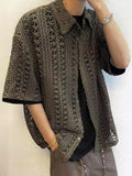 Wiaofellas  -  Vintage Y2K Mens Knitted Shirt Fashion Half Sleeve Hollow Out See Through Knit Cardigans Men Tops Summer Casual Knitting Shirts