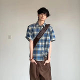 WIAOFELLAS  -  Fashion Men's Plaid Loose Turn Down Collar Casual Shirts Trendy 2025 Summer Single-breasted Short Sleeves Tops Male 2A0930