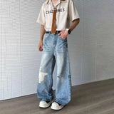 WIAOFELLAS  -  Vintage Summer Men's Broken Hole Design Wash Straight Denim Pant Fashion Trendy High-waisted Wide Leg Jeans Male 2A0026