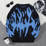 WIAOFELLAS  -  New Popular Fire Pattern Pullover Ripped Sweater Casual Round Neck Knitted Men's Gift Pullover