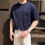 Wiaofellas  -  Trendy Pockets Pure Color Cotton T Shirt Men Short Sleeve O Neck Casual Tees For Male Summer Fashion Simple Loose Mens T-shirts