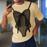 WIAOFELLAS  -  Men T Shirt Lace Patchwork O-neck Short Sleeve Loose Male Tee Tops Streetwear Summer 2025 Fashion Men Clothing S-5XL