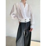 Wiaofellas  -  Sexy Thin Long Sve Men's irt Spring Summer Transparent Ethereal Wood Ear Design Urban Faion Polyester Fiber Breathable