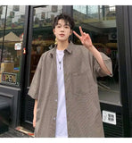 WIAOFELLAS  -  Trendy Men's Plaid Spliced Pocket Short Sleeve Loose Shirts Fashion Summer Lapel Single-breasted Blouses Male