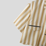 Wiaofellas  -  Men's Shirt Striped Lapel Short Sleeve Button Casual Menswear Clothing Streetwear Loose Fashion Crop Tops For Man