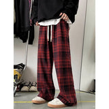 WIAOFELLAS  -  Red Plaid Wide Leg Pants Men's Autumn Winter High Street Sle Retro i Che Loose Fit Trousers for Taller Men