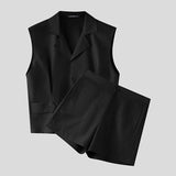 Wiaofellas  -  Men's Sets Solid Lapel Sleeveless Crop Shirt Shorts Two Piece Sets Streetwear Men Matching Sets Stylish Tracksuits