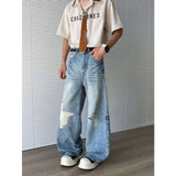 WIAOFELLAS  -  Vintage Summer Men's Broken Hole Design Wash Straight Denim Pant Fashion Trendy High-waisted Wide Leg Jeans Male 2A0026