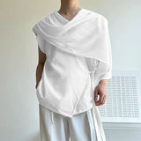 Wiaofellas  -  Men's Shirt Solid Color Pleated Sleeveless Shawl Tops Streetwear Summer Loose Camisas Masculina Fashion Men Clothes