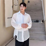 WIAOFELLAS  -  Fashion Men's Lace Plaid Solid Color Casual Loose Shirts Trendy Single-breasted Turn Down Collar Blouses Male Summer