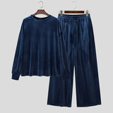 Wiaofellas  -  Men's Sets Solid Velour Shiny Long Sleeve T Shirt Pants Two Piece Sets Streetwear Loose Fashion Men Matching Sets