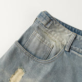 Wiaofellas  -  Y2K Washed Denim Shorts Vintage Blue Wide Leg Jeans Shorts For Men Summer Loose Casual Hole Ripped Shorts Blue ﻿Sweatpants Pants