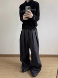 WIAOFELLAS  -  Casual Commute Wide Leg Pants Men Women A-Line Pleated Design Texture Stripes Polyester Blend Low Waist Zipper Fly